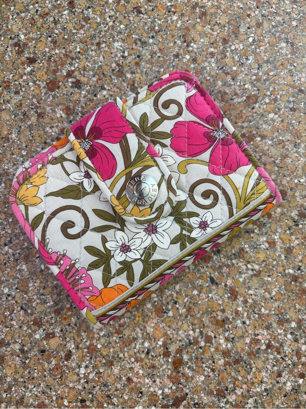 Vera Bradley Pink Floral Quilted Card Wallet with Orange Accents
